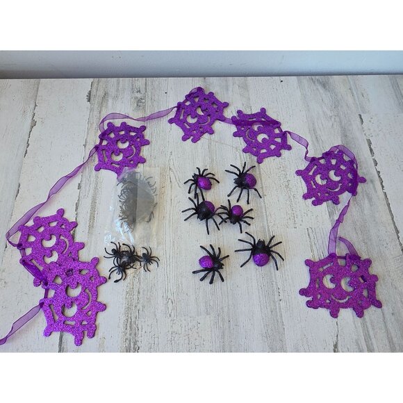 Purple glitter spider Halloween Garland figurine sparkle set - Picture 1 of 9